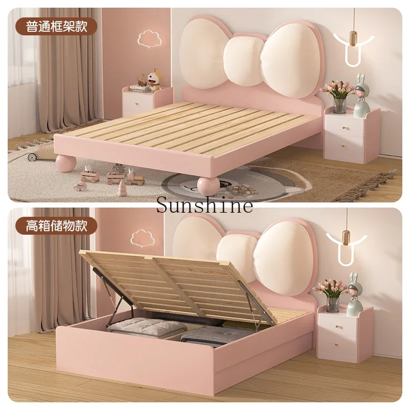 Bow pink girl princess all solid wood soft bag bed