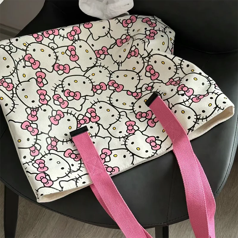 Sanrio Hello Kittys Shoulder Bag Cute Cartoon Casual Canvas Full Screen Large Capacity Kawaii Anime Shopping Bag Toys Girl Gifts