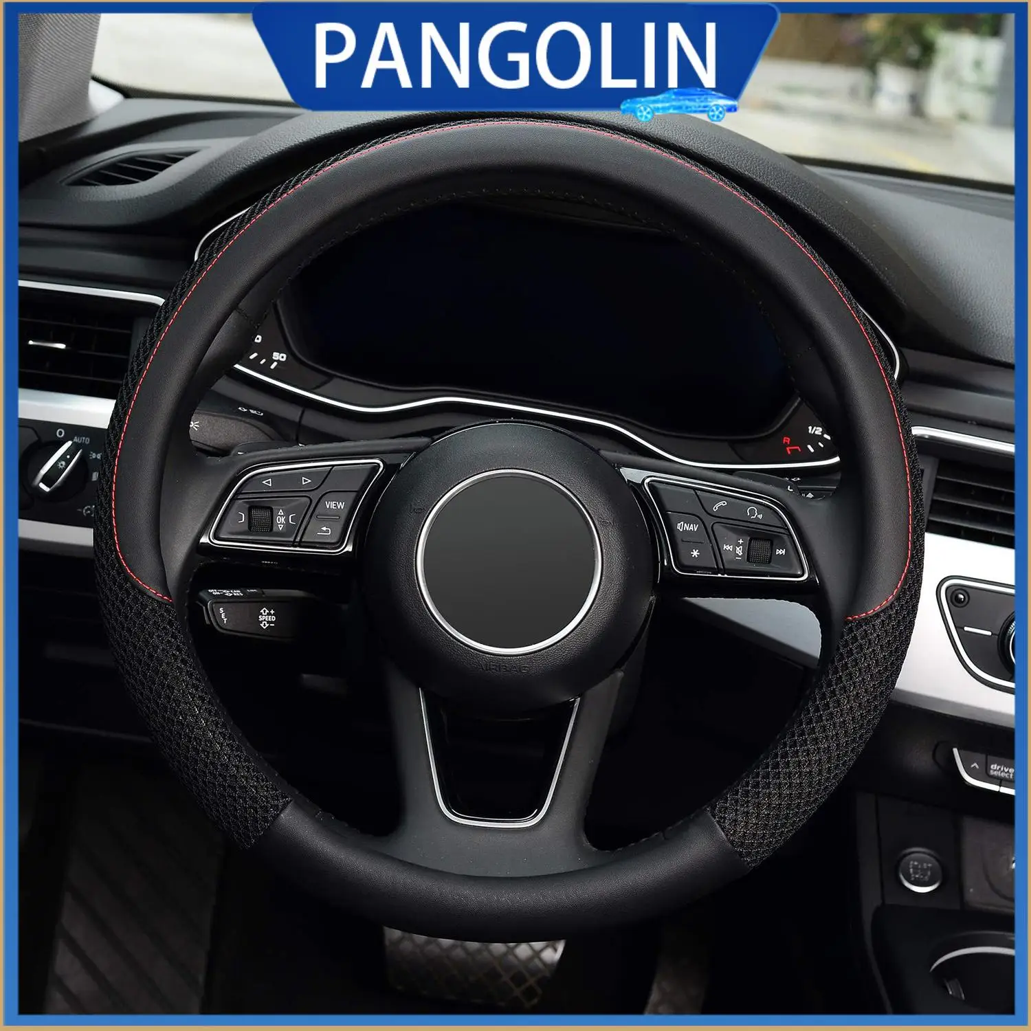 

PANGOLIN Car Steering Wheel Cover Ice Silk Black 1PC durable Ultra-Fine Fiber Leather and Breathable Mesh for Car Accessories