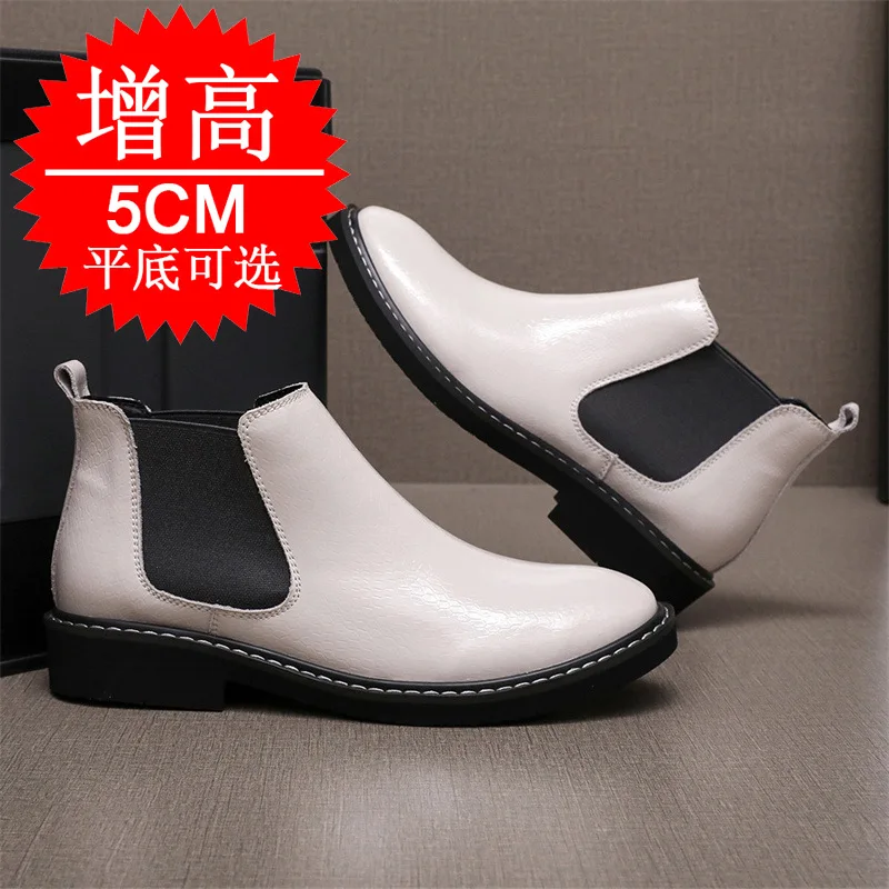 New Ankle boots Men's Invisible Height Increasing Elevator Shoes Black Premium Leather 5cm Taller Invisible Height Chelsea Boots