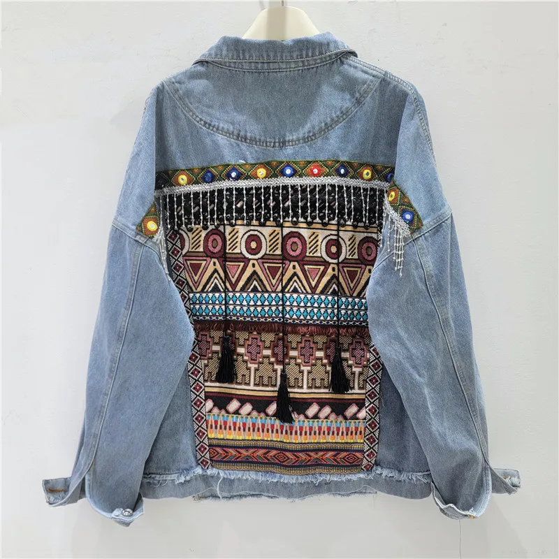 ANJY Spring Autumn New Women Ethnic Style Tassel Design Frayed Denim Jacket Geometric Webbing Spliced Raw Edge Loose Coat A25909