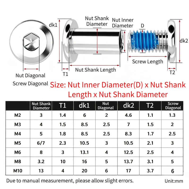 M2 M3 M4 M5 304 Stainless Steel Blue Glue Coated Lock-on Paired Male-Female Screws Hexagon Socket Locking Splint Screw Nut