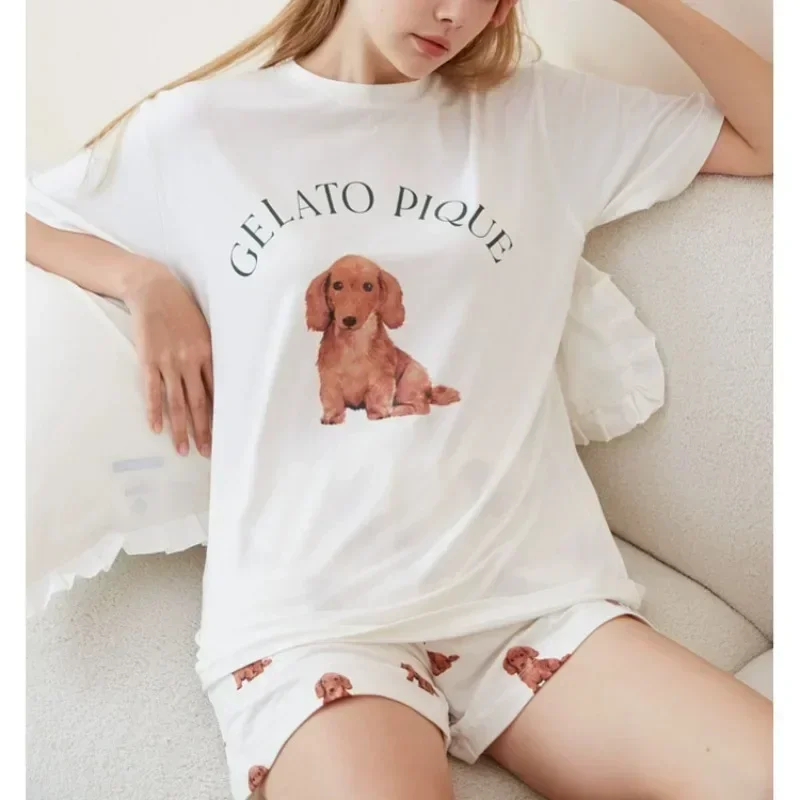 2024 Summer Home Furnishing Set Soft and Cute Dog Simple Short Sleeved T-shirt Women's Shorts Two Piece Set Can Be Worn Outside