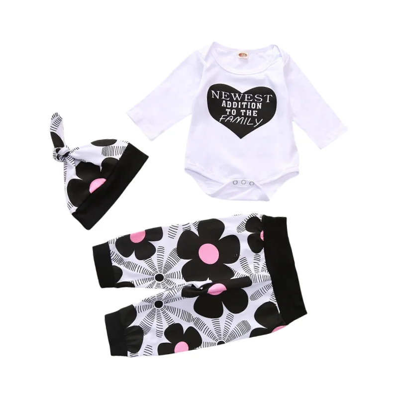 Newborn Infant Baby Girl Clothes 2024 Fall NEWEST ADDITION TO THE FAMILY Tops+ Floral Print Pants + Hat 3 Pieces Sets