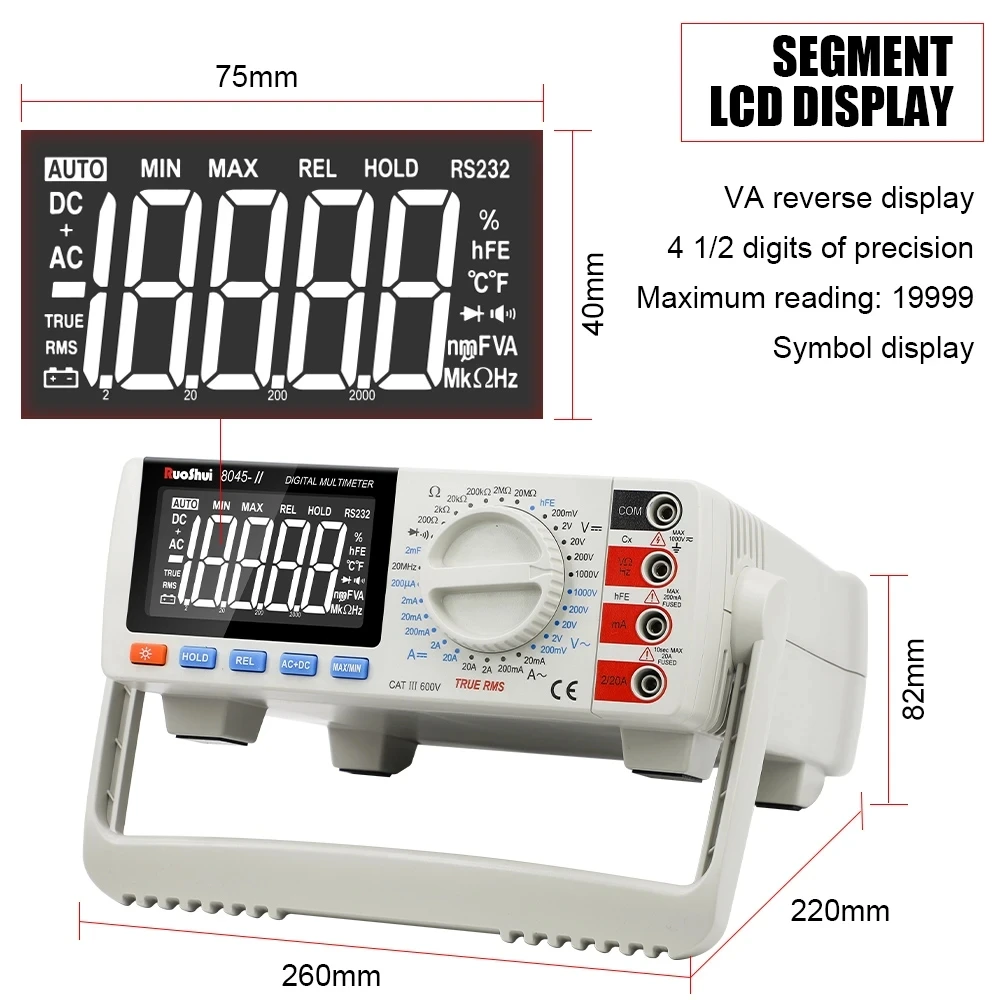 RuoShui 8045-II Multimeter 20000 Counts True RMS AC/DC 1000V Desktop Multimetro 20MHz Electrician Transistor Capacitance Tester