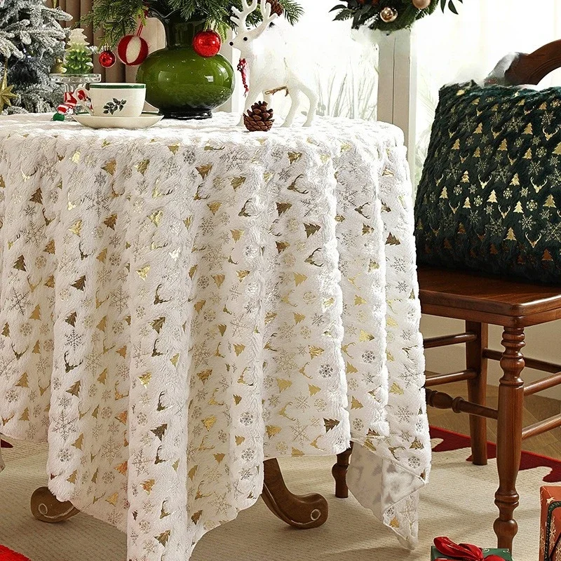 Long Velvet Hot Stamping Christma Tablecloth Winter Thick Solid Color Printing Family Holiday Decoration Rectangular Tablecloths
