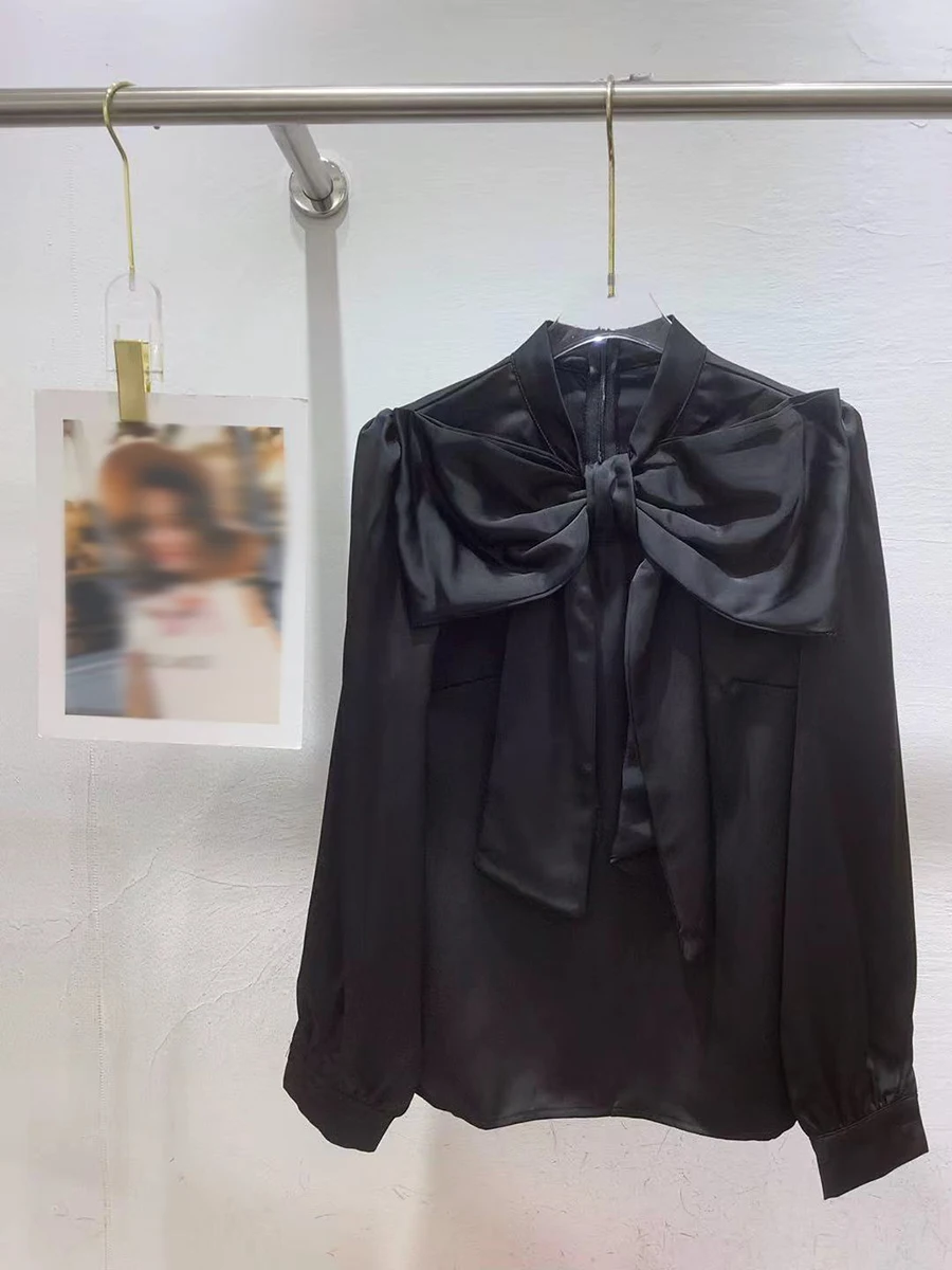 GALCAUR однотонная шикарная рубашка с бантом, женская рубашка с воротником-стойкой и длинным рукавом, свободные французские элегантные женские рубашки, осенний модный стиль