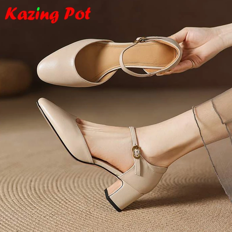 Krazing Pot 2027 Cow Skin Shallow Autumn Spring Thick High Heels Fashion Round Toe Apricot Color Ankle Straps Brand Women Pumps