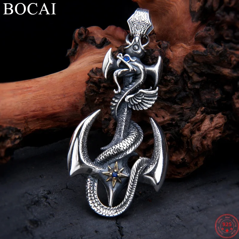 BOCAI S925 Sterling Silver Pendants for Women Men New Fashion Hollow Spirit-snake Anchor Zircon Punk Jewelry Free Shipping