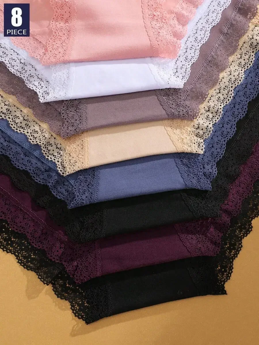 

8pcs Women Cotton Lace Spliced High Waist Comfortable Breathable Panties