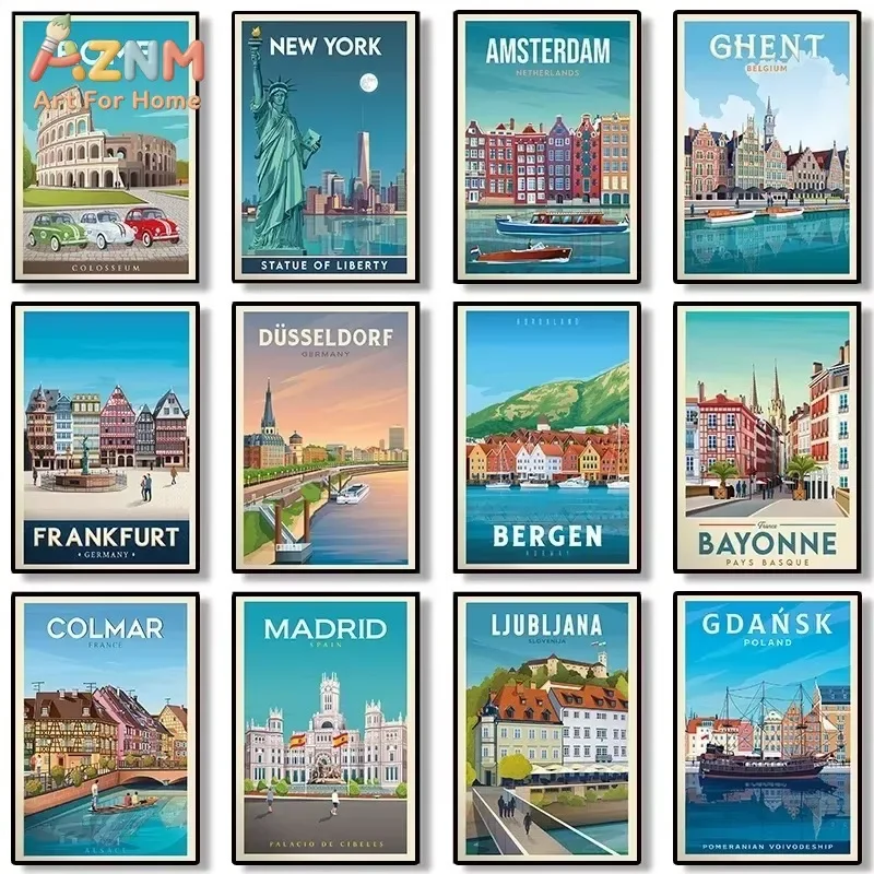 Vintage World City Travel Poster Canvas Wall Art Retro Famous Landmark Scenery Print Unframed Canvas Painting Home Wall Decor