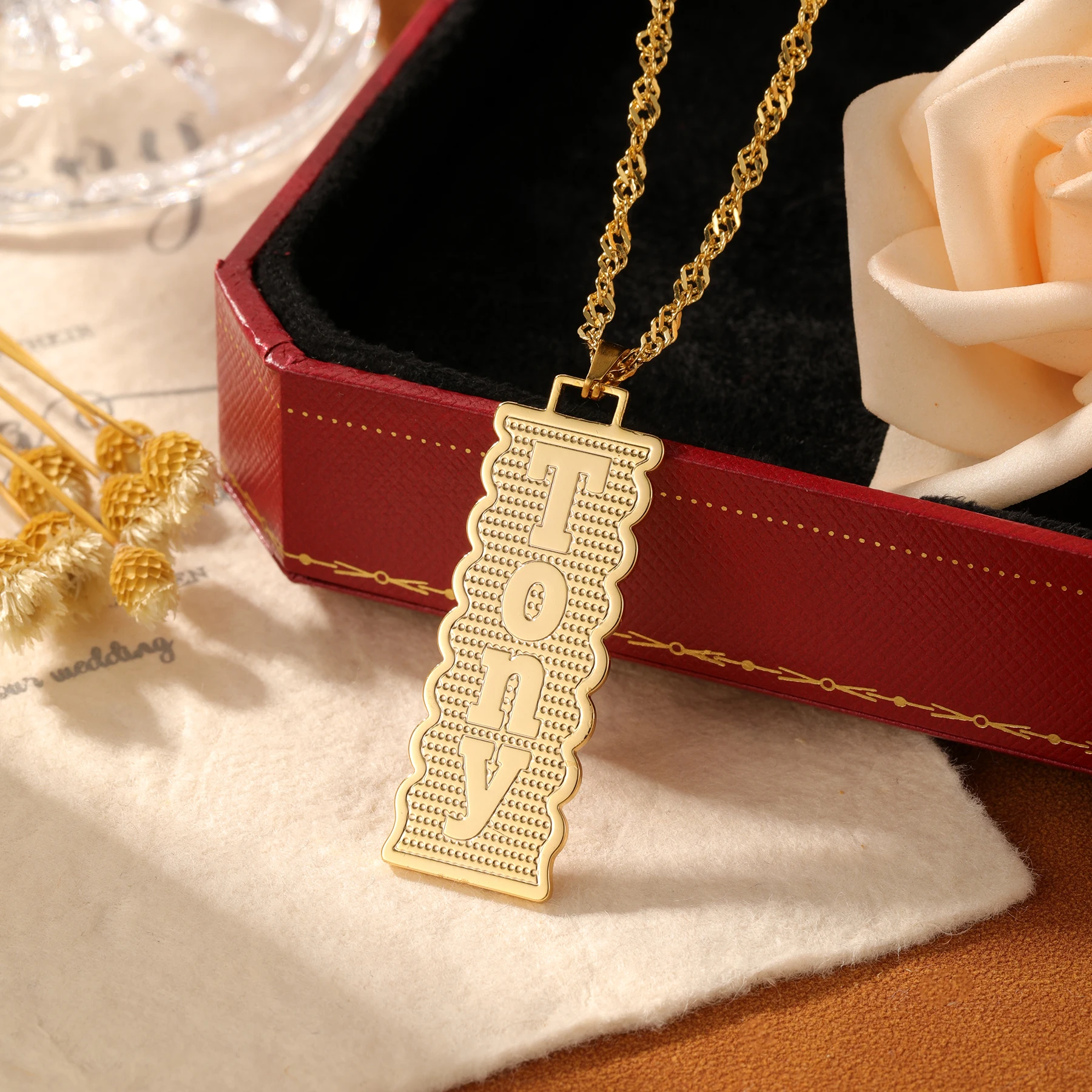 

Золотая табличка с именем, ожерелье, веревочная цепочка, винтажный прямоугольный кулон, дизайн с волнистой каймой, персонализированный день рождения, юбилей, Рождество