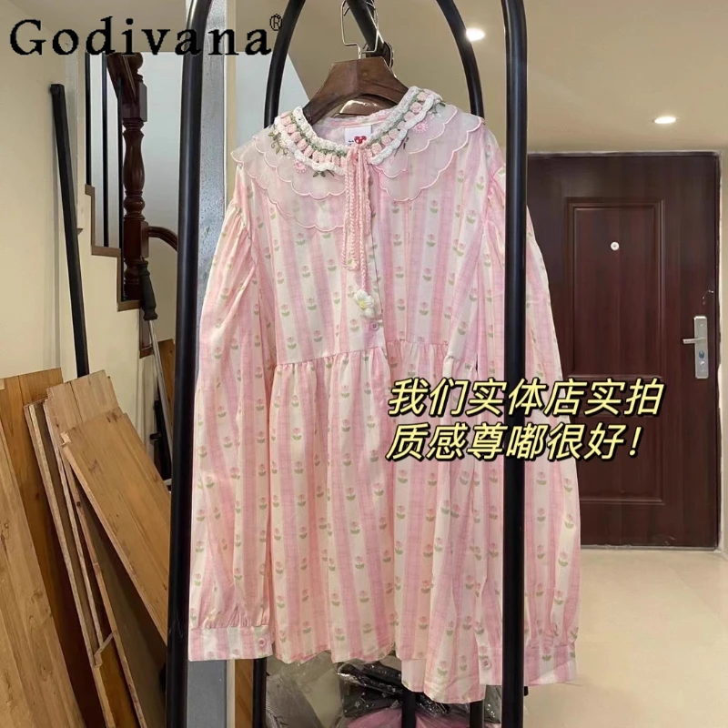 

Large Size Cute Female Flower Autumn Winter Long Sleeve Shirt 2025 New Sweet Pink Round Neck Lace-up Versatile Age-reducing Top