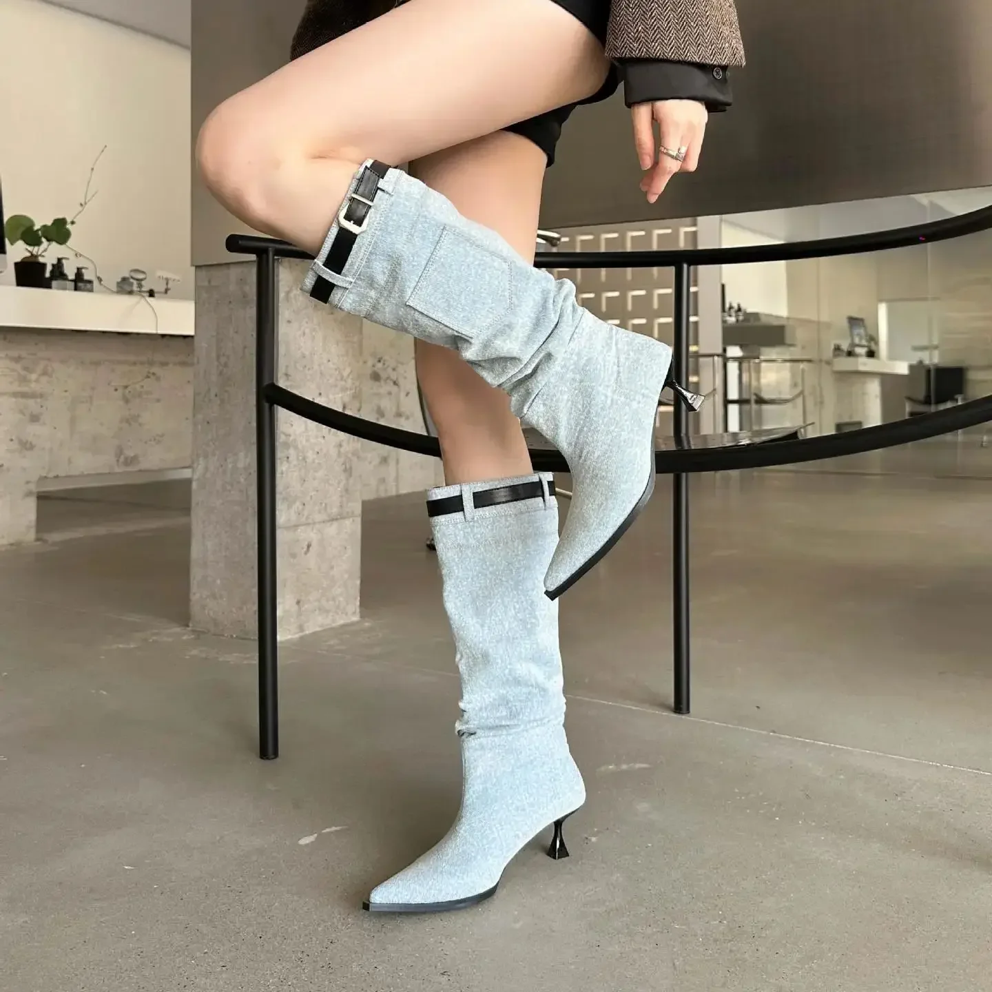 Pointed Toe Long Boots Fashion Women Denim Shoes Buckle Strap Mature High Heels Slip On Cozy Ladies Booties Spring Autumn New