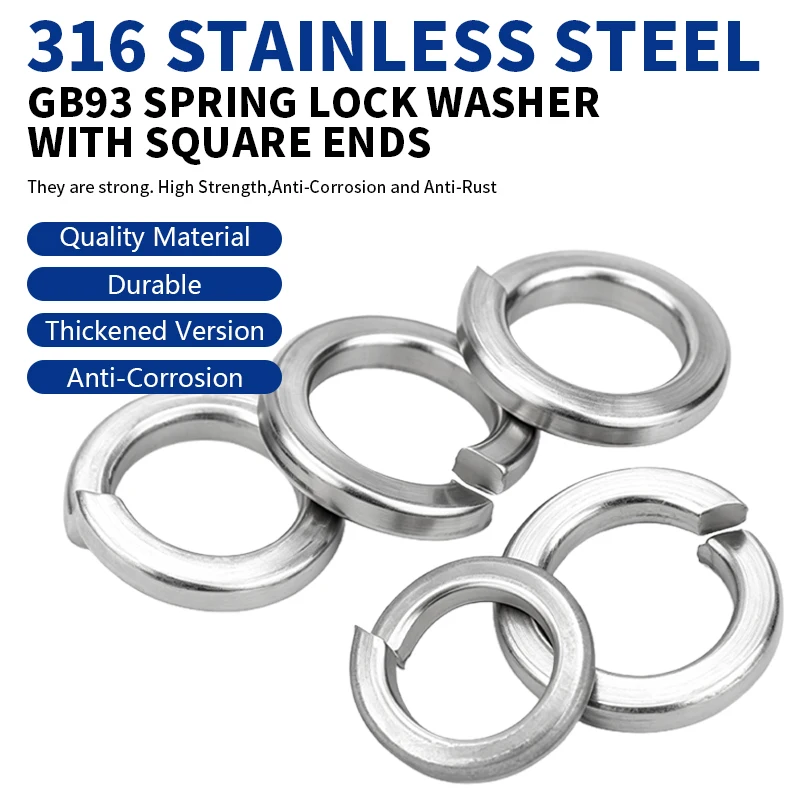 316 Stainless Steel Anti‑loose Spring Washers GB93 Square Ends Split Spring Lock Washer Elastic Lock Washer Gasket M2‑M30