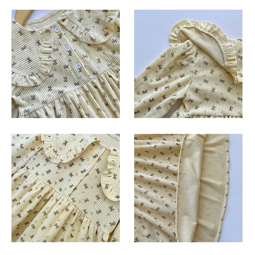 Sukienki dziewczęce Bear Leader Jesień Beżowy Urocza Lalka Dekolt Casual Kokarda Nadruk Długi Rękaw Modne Codzienne Ubrania Dziecięce