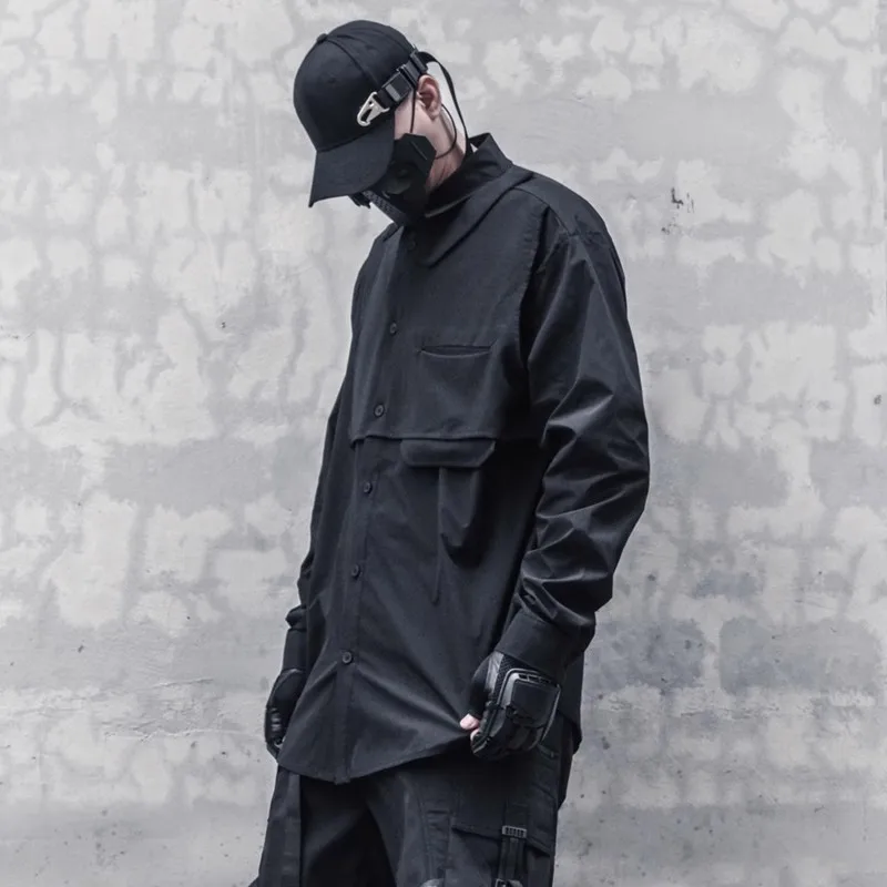 Men Black Long Sleeve Shirts 2023 Summer Tactical Patchwork Shirt Coat Hip Hop Streetwear Men Black Tops Shirts Clothing