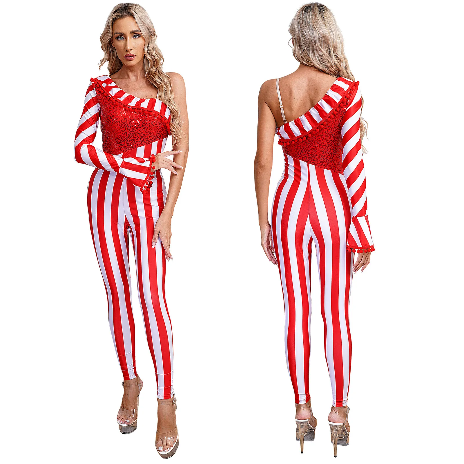 

Women Christmas Candy Cane Jumpsuit Shiny Sequin Leotard Ballet Dance Gymnastics Leotard Xmas Carnival Party Performance Costume