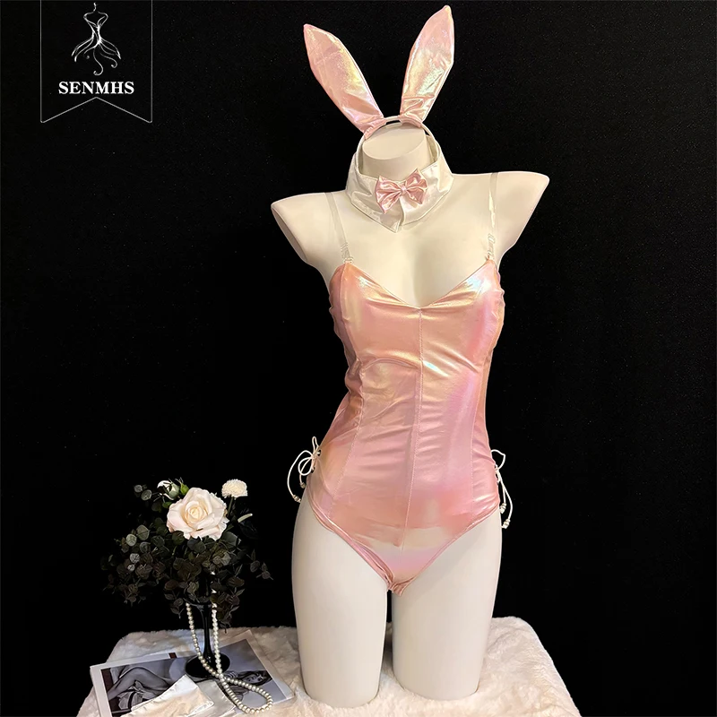 

SENMHS Original Laser Pink Sexy Cute Bunny Girl Cosplay Jumpsuit Anime Patent Leather Bodysuit Girl Halloween Party Uniform