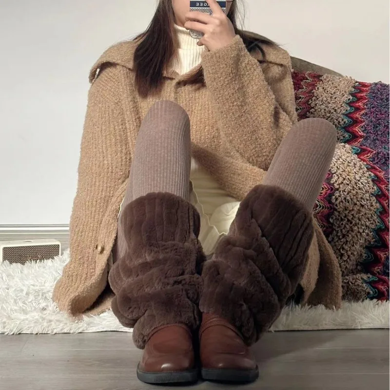 Solid Leg Warmers Mink Fur Boots Subculture Thickened Plush Leg Warmer Japanese Harajuku Fashion Boots Cover Lolita Party Socks