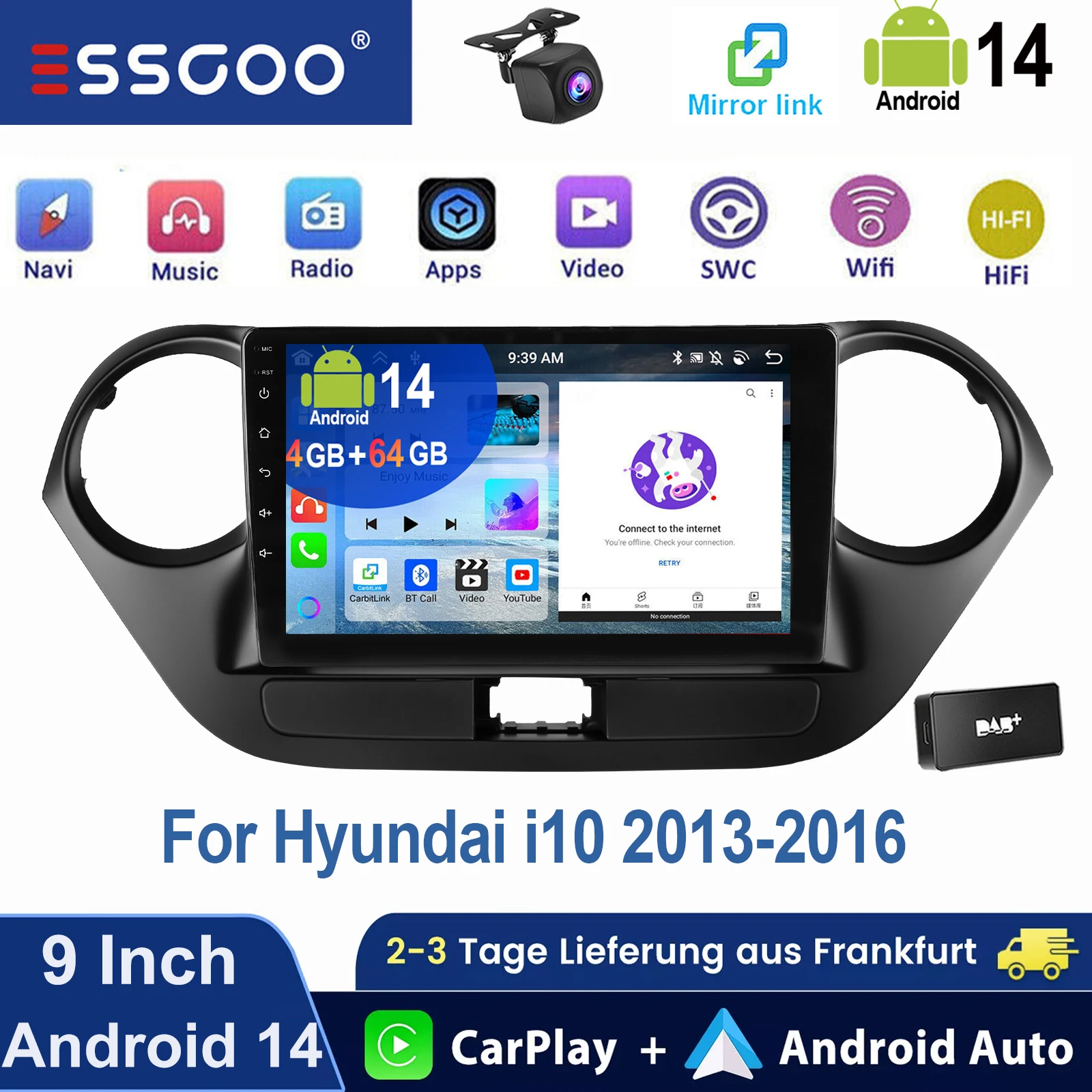 ESSGOO Kabelloses Carplay Android Auto 9" Double DIN HD Touchscreen GPS-Navigation Lenkradsteuerung WIFI Bluetooth FM Mirror Link Autoradio für Hyundai i10 2013-2016 RDS Split-Screen