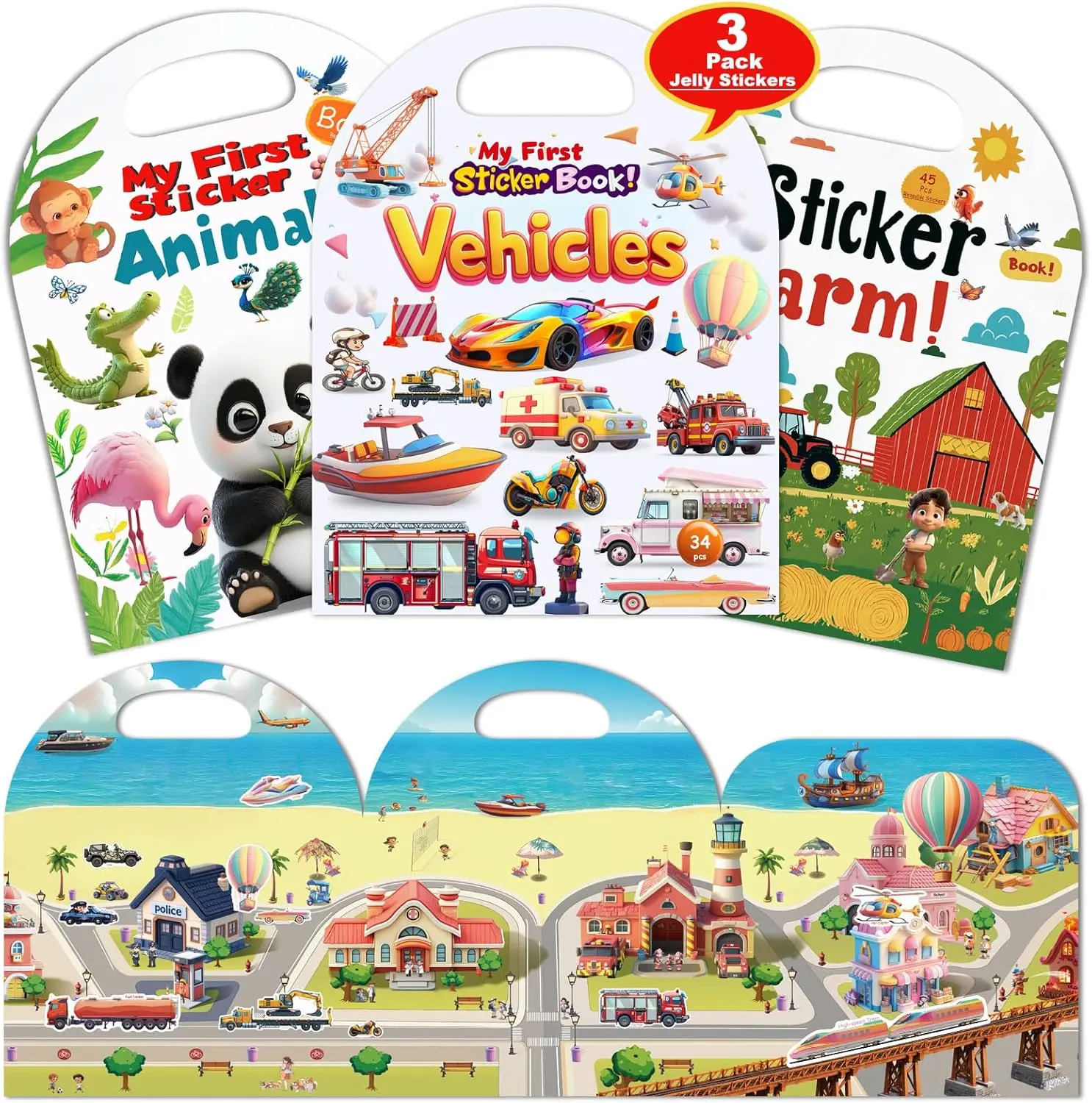 

Набор из 3 многоразовых книжек-наклеек для малышей 2-4 лет: транспорт, животные и ферма. Наклейки для детей, игрушки для путешествий.