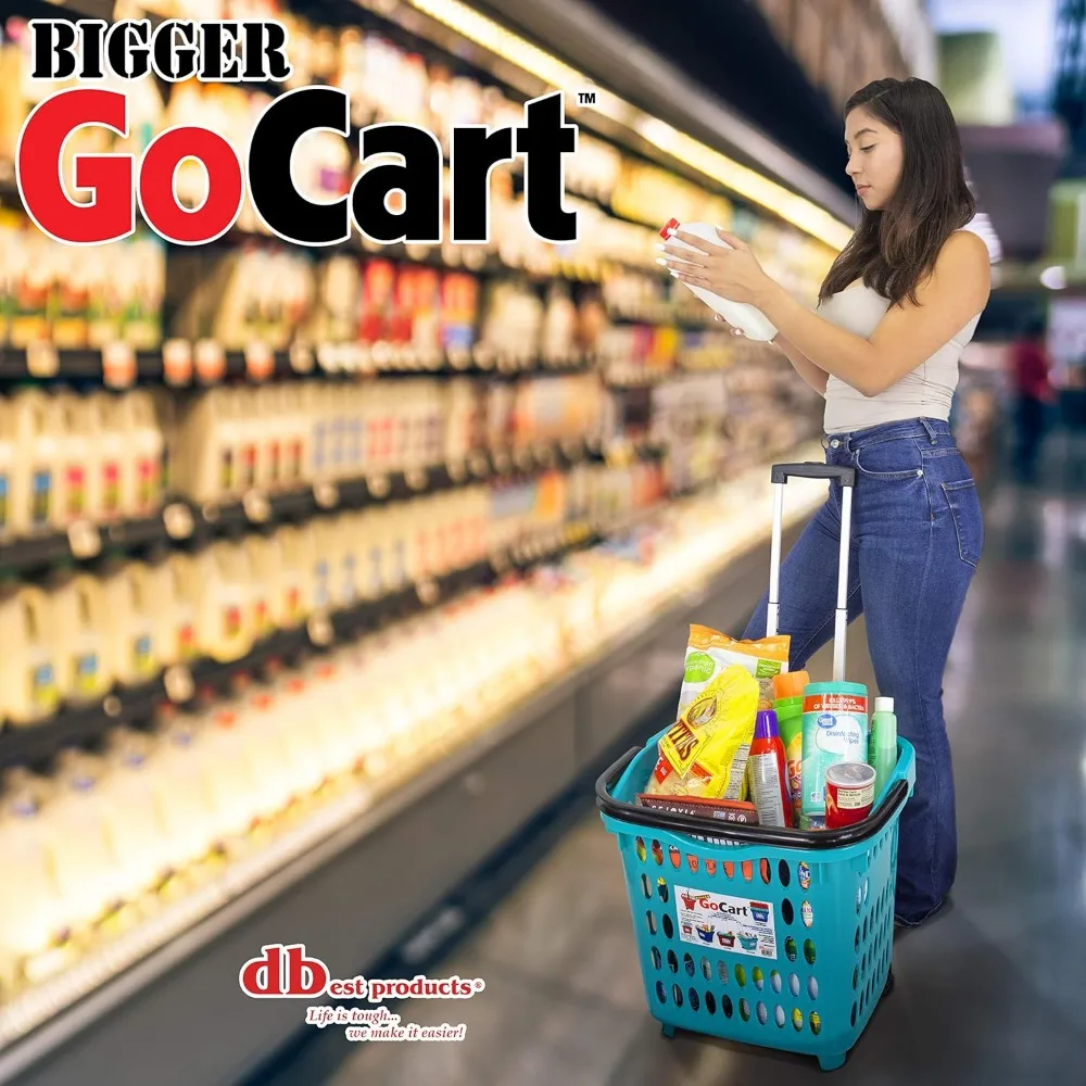 GoCart carrito de comestibles más grande, cesta de lavandería de compras rodante con ruedas, cesto con asa telescópica, carrito de limpieza, verde azulado