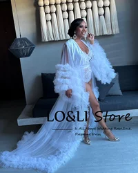 LO&LI White Tulle Bridal Ruffles Robe for Wedding Luxury Dress Puffy Sleeve Brides Pajamas Birthday Party Photo Shoot Vestido