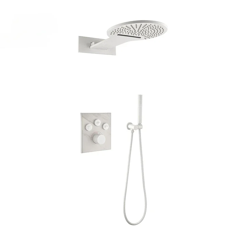 Rain And Waterfall Shower System Wall Mounted Shower Faucet Set  Matte White Thermostatic Shower System