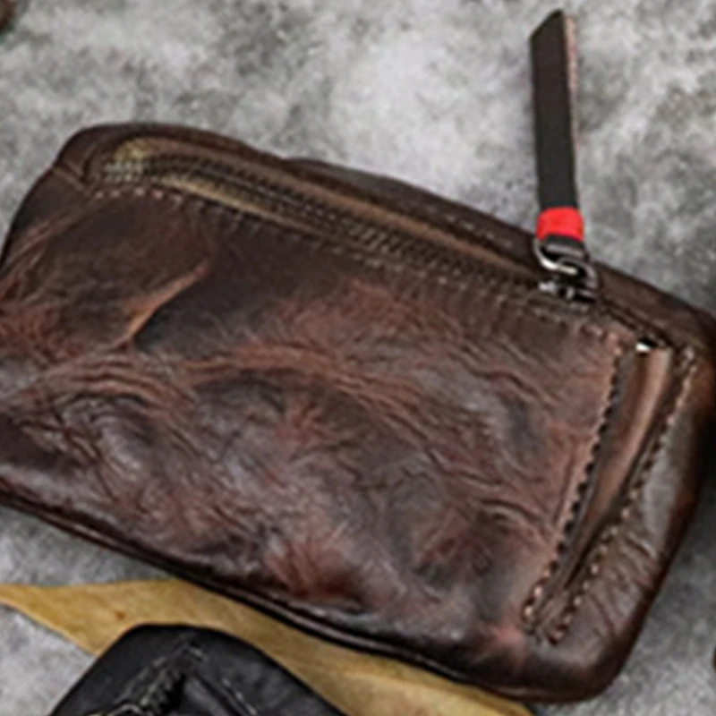 Vintage Men's Genuine Leather Mini Coin Purse Card Case Holder Wallet Clutch Male Short Zipper Small Change Bag