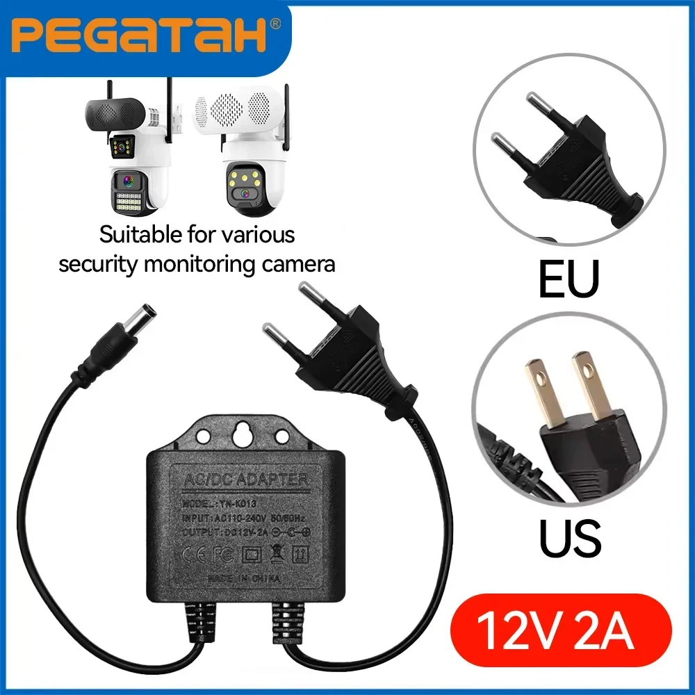 PEGATAH DC12V 2A Waterproof EU Plug Power Adapter for CCTV Security Camera AHD NVR DVR Input AC110V-240V 5.5x2.1mm Charger
