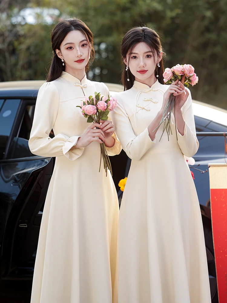 

Ele Long Sve Satin Maids of Dr Chinese Sle Sister up Evening Gown for Autumn Winter Small Stature Women