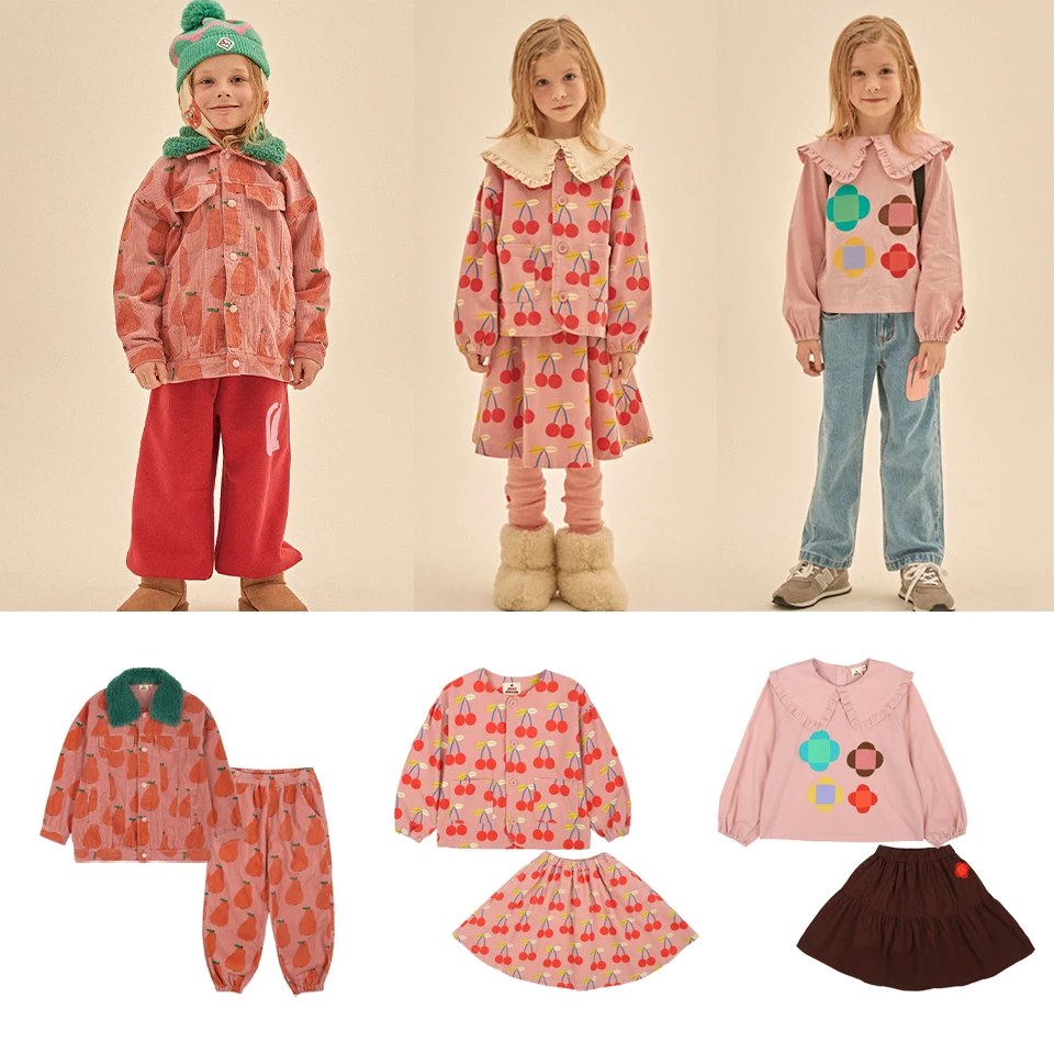 Children Clothes Set Korean JM Kids Cute Shirt Skirt Suit Dress Girls Pears Print Corduroy Jacket Pants Girl Sweatshirts Outfit