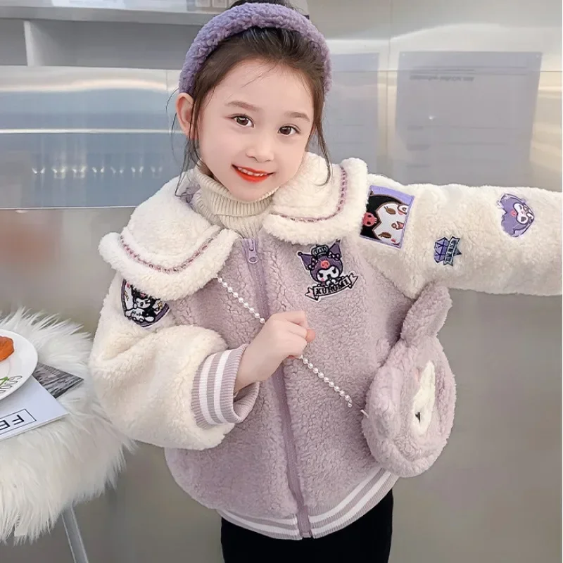 Sanrios Kuromi Anime Kawaii Girls Baseball Jacket Autumn/Winter Cartoon Cute Princess Style Warm Wool Sweater Top Christmas Gift