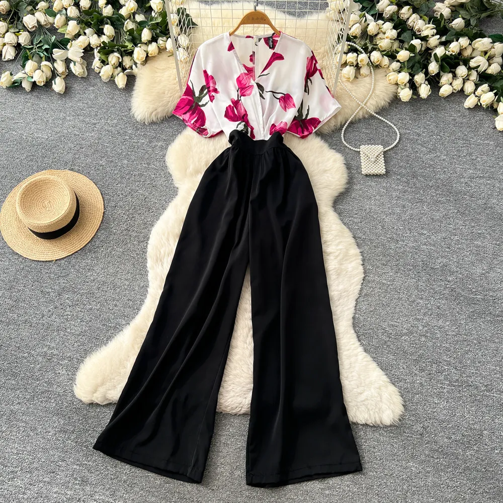 

Jumpsuits Women One Piece V Neck Short Sleeve Overalls Long Pants Elastic Waist Rompers Y2k Streetwear Print Floral Work 2026