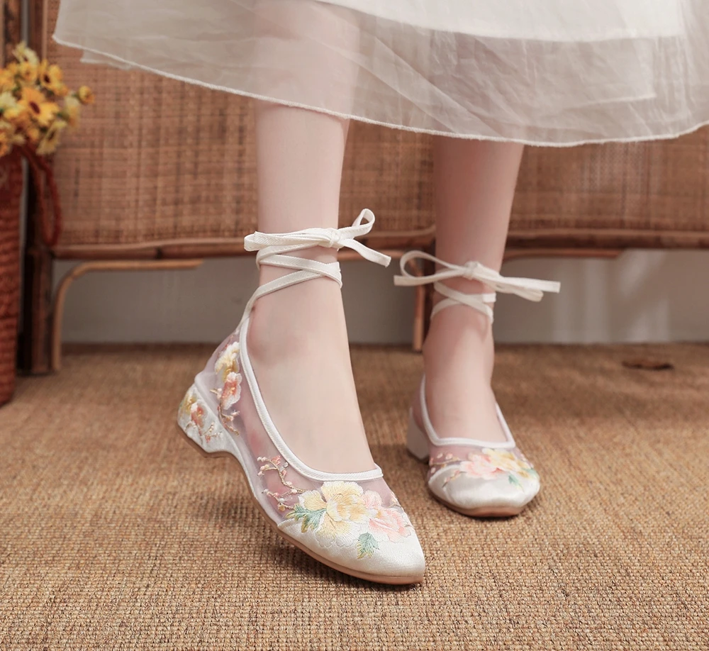 Veowalk Long Ankle Strap Summer Women Gauze Mesh Embroidered Ballet Flats Breathable Comfortable Walking Shoes for Elegant Lady