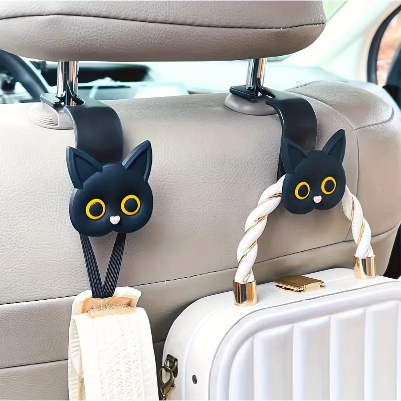 2-Pack Creative Cat Design Car Headrest Hooks, Multi-Functional PVC Auto Backseat Hanging Clips, DIY Vehicle Accessories