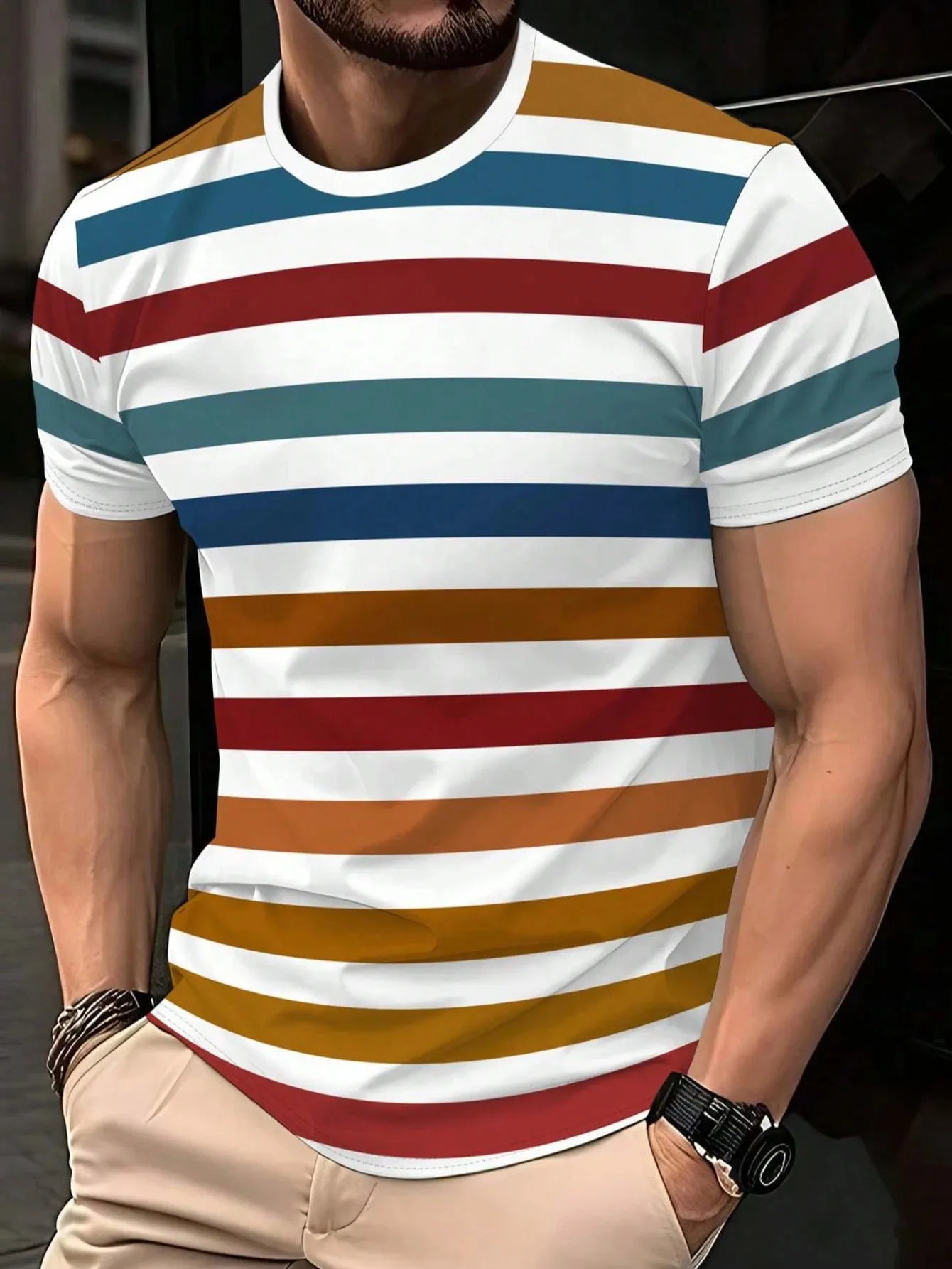 2026 Summer New Style Men's T-shirt Street Casual Fashion Soft and Comfortable Breathable 3D Stripes Pattern Print