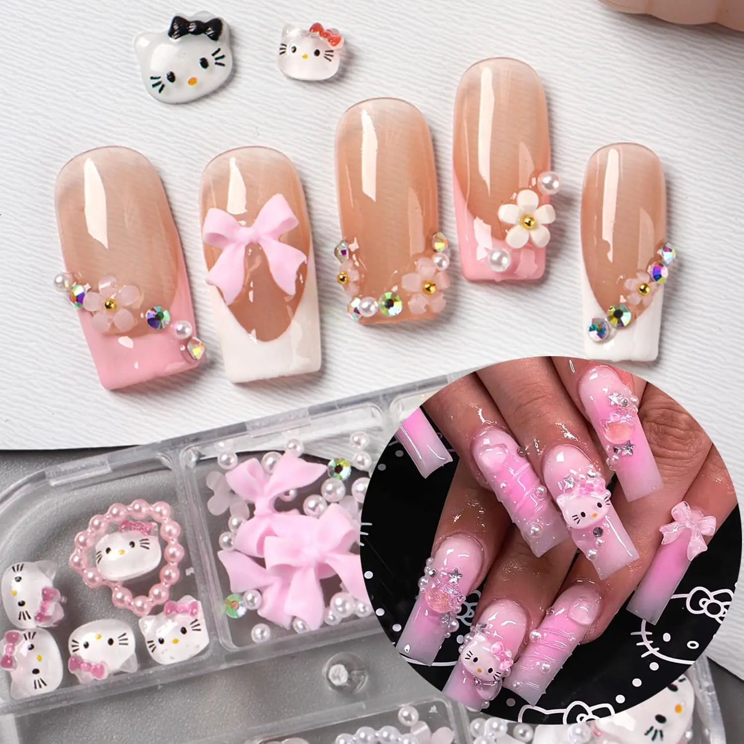 6/12 Grid 3D Cartoon Hello Kitty Nagel Charmes Hars Hart Boog Bloem Nagelsteentjes Gemengde Parel Kaviaar Kralen manicure Decoratie