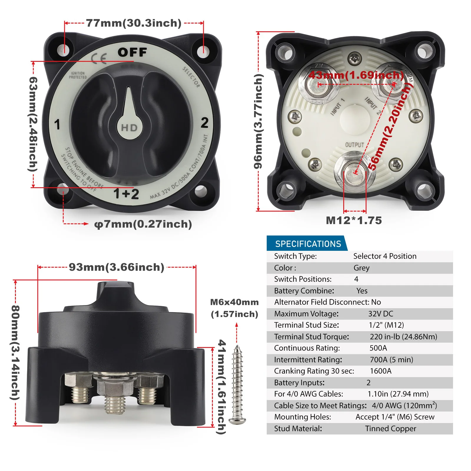CNSPEED 500A 32V HD-Series 4 Postiton Selector Battery Switch Waterproof Ignition Protected Marine Boat Dual Battery Isolator Sw