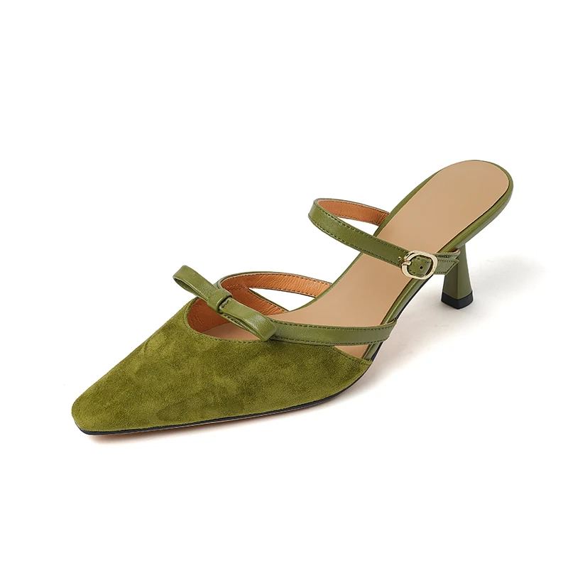 

Элегантные замшевые модные шлепанцы на шпильке 6,5 см с квадратным носком и пряжкой с бантом, бордовая женская летняя обувь зеленого цвета