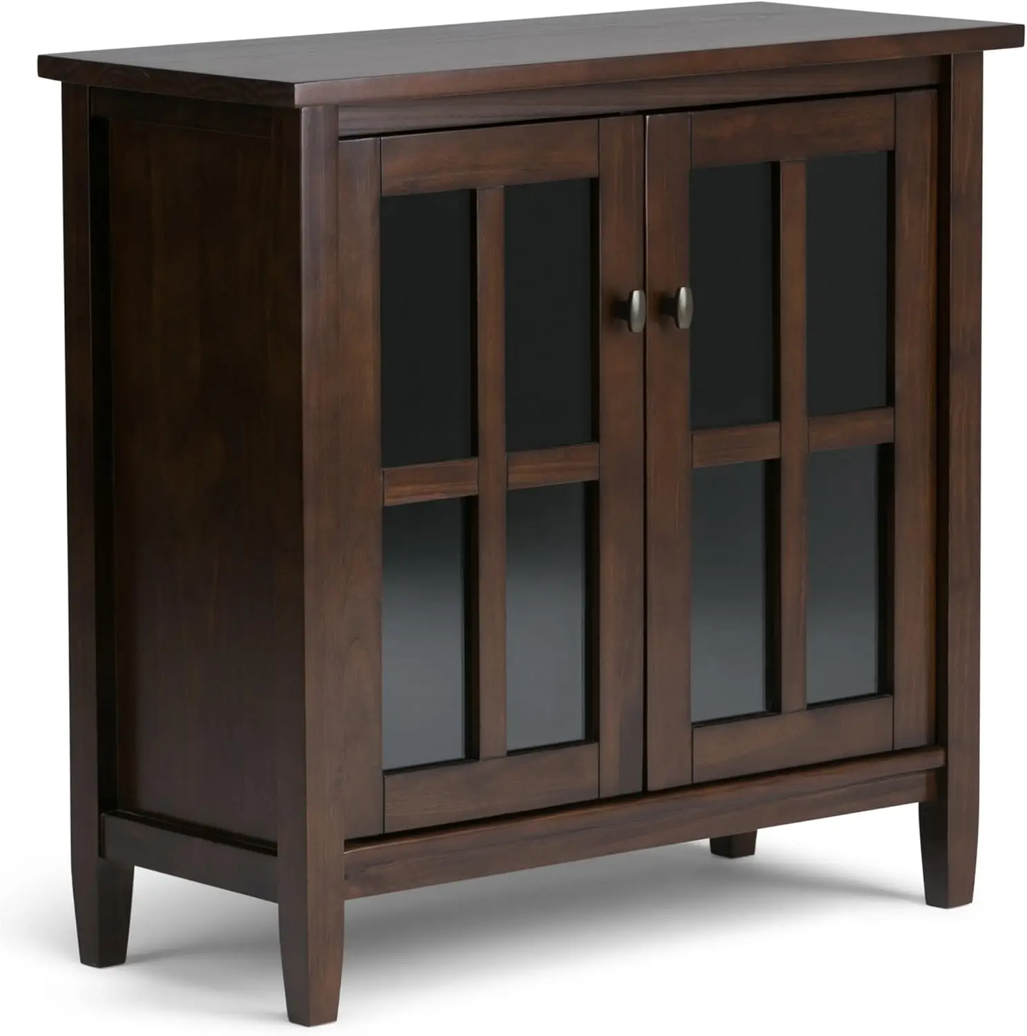 Warm Shaker SOLID WOOD 32 inch Wide Rustic Low Storage Cabinet in Tobacco Brown, with 2 Adjustable Shelves, Tempered