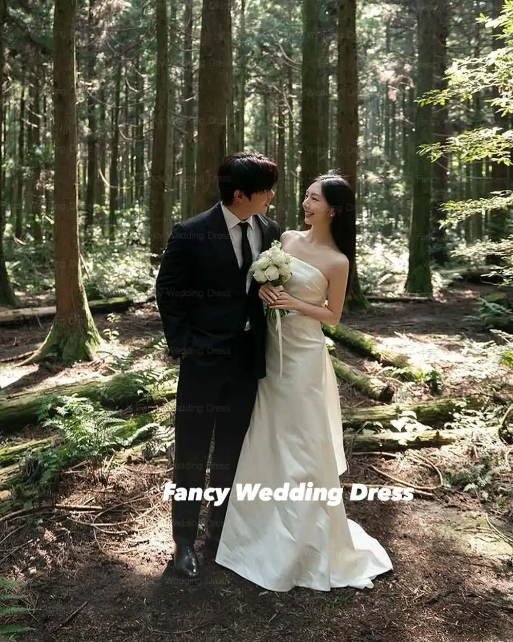 ファンシーシンプルなタフタのウェディングドレス韓国写真撮影 A ラインノースリーブイブニングドレスバックコルセット 웨딩드레스カスタマイズ
