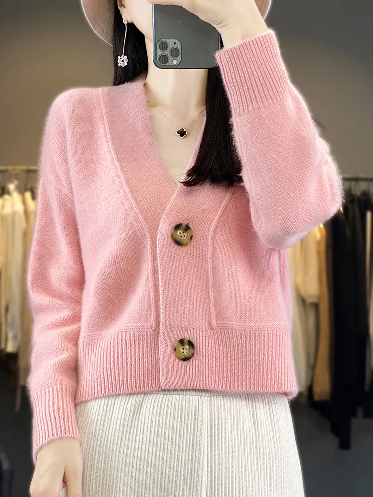 Autumn Winter Women Thick Preppy Cropped Cardigan V- Neck Cashmere Sweater 100% Merino Wool Knitted Soft Warm Casual  Loose Top