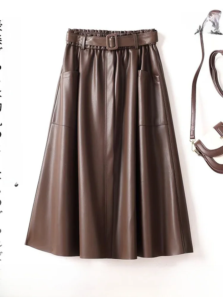  Ning High Waist A-Line  Skirt Women's Sheepskin Leather Belted Mid-Length Elegant Style Autumn Winter New Arrival