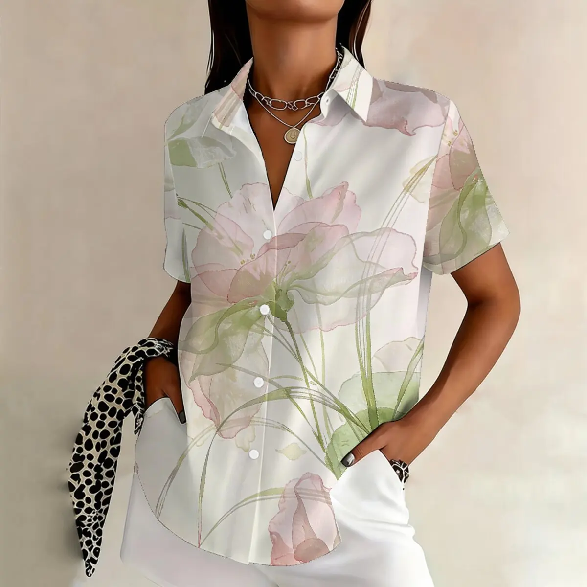 

Summer women's plus-size short-sleeve shirt, transparent watercolor style, hazy and romantic, suitable for workplace, casual