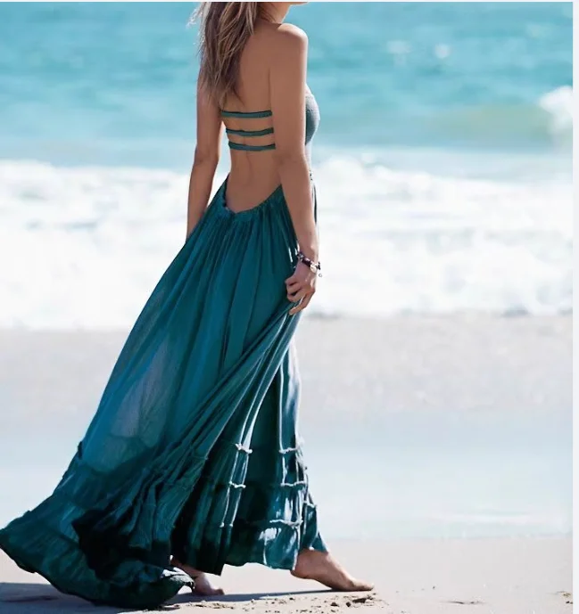 2025 Abito da spiaggia Abiti sexy Boho Bohemian Holiday Summer Lungo Backless Cotone Donna Party Hippie Abiti Mujer Etnico