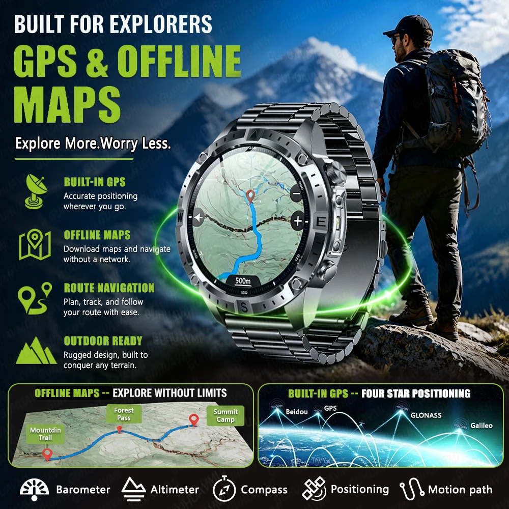 New GPS Offline Maps Smart Watch Military Sports Smartwatch 2GB Memory Music Player Bt Call 100m Swim Waterproof For IOS Android