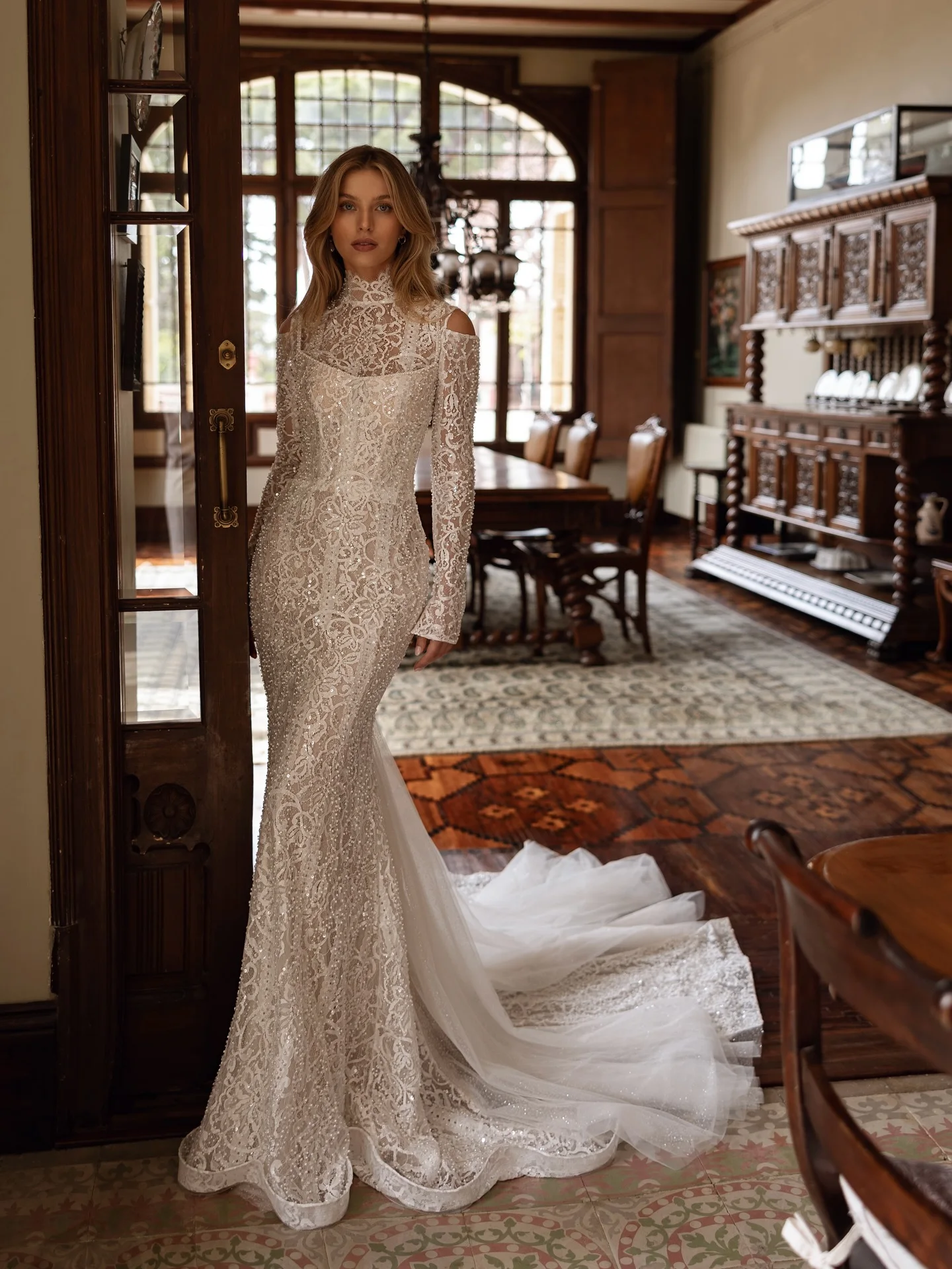 

Luxury Floral Wedding Dress Sexy Mermaid High Neck Full Sleeves Bridal Evening Gown Customized Lace Up Back Long Birthday Robe