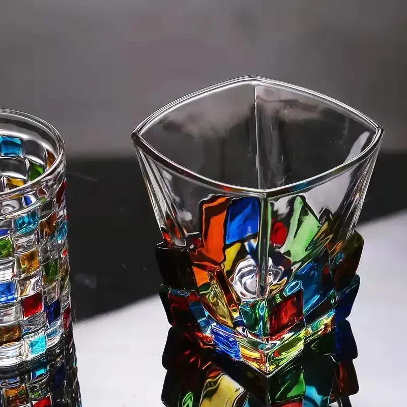 Stained Glass Wine Glass Cocktail Glass Colored Squares Line Weaving Openwork Transparent Geometric Pattern Handmade Gifts